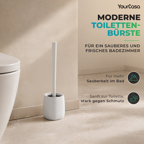 Weiße Klobürste mit Behälter am Waschtisch und WC – Frische für jeden Tag