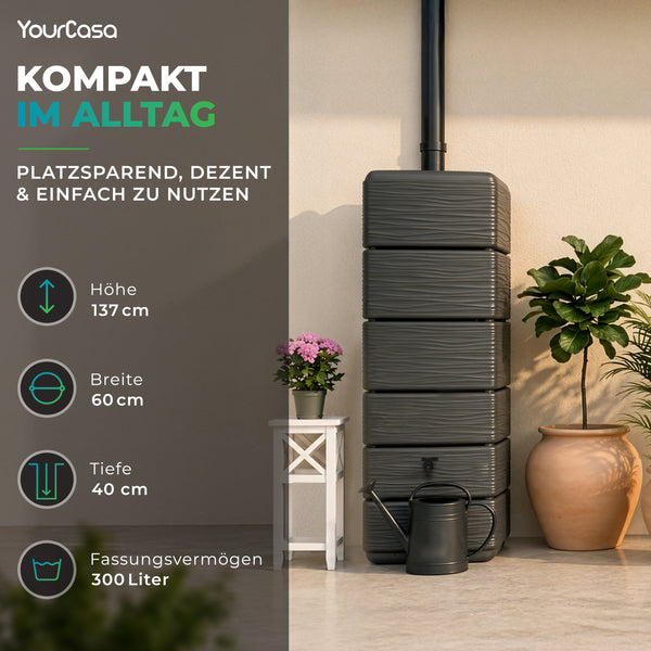 AquaWall Regentonne 300 Liter Anthrazit – Schlanke Wandtonne schmal & platzsparend mit Regensammler Set