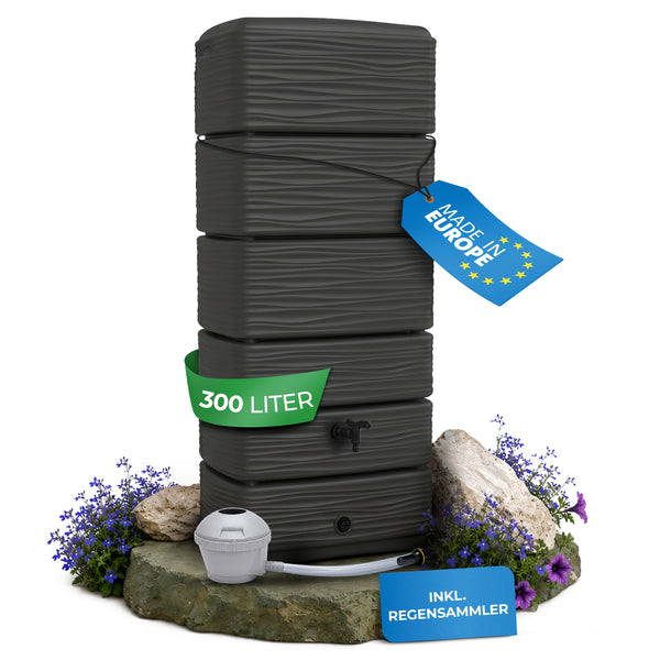 AquaWall Regentonne 300 Liter Anthrazit – Schlanke Wandtonne schmal & platzsparend mit Regensammler Set