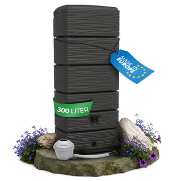 AquaWall Regentonne 300 Liter Anthrazit – Schlanke Wandtonne schmal & platzsparend mit Regensammler Set