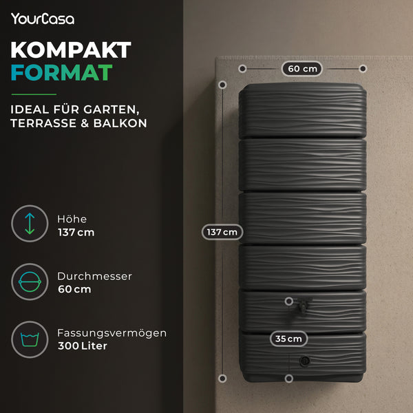 AquaWall Regentonne 300 Liter Anthrazit – Schlanke Wandtonne schmal & platzsparend mit Regensammler Set