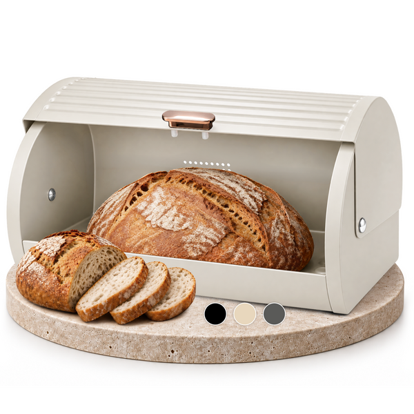 Aurea Brotkasten Metall Creme mit geöffnetem Rolldeckel und Brotlaib