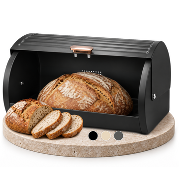 Aurea Brotkasten Metall Schwarz mit geöffnetem Rolldeckel und frischem Brot