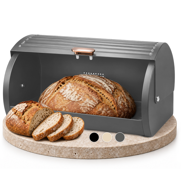 Aurea Brotkasten Metall Anthrazit mit geöffnetem Rolldeckel und Sauerteigbrot