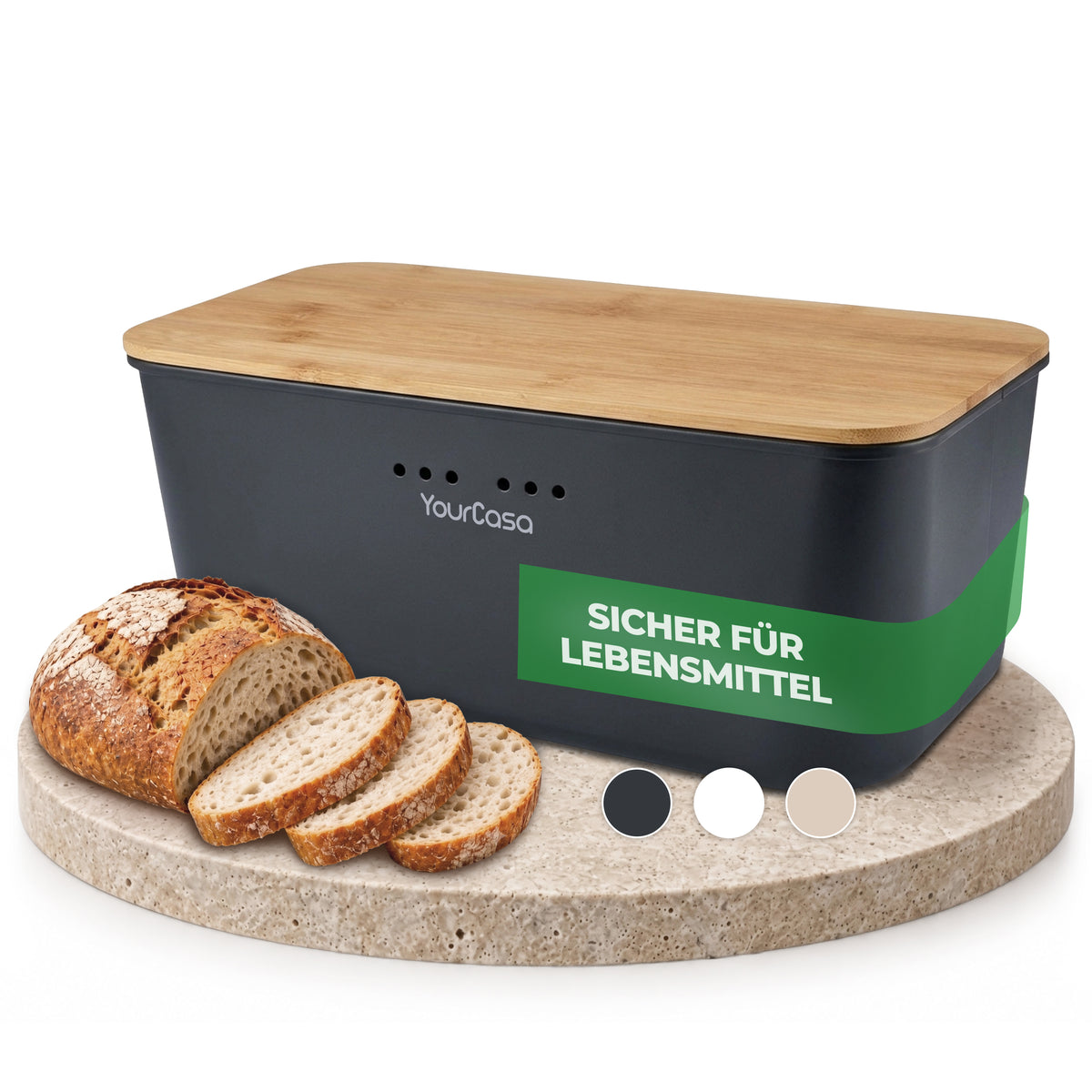 Brotkasten schwarz mit Bambusdeckel und sechs Belüftungslöchern