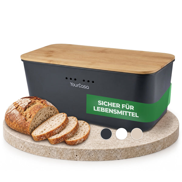 Brotkasten schwarz mit Bambusdeckel und sechs Belüftungslöchern