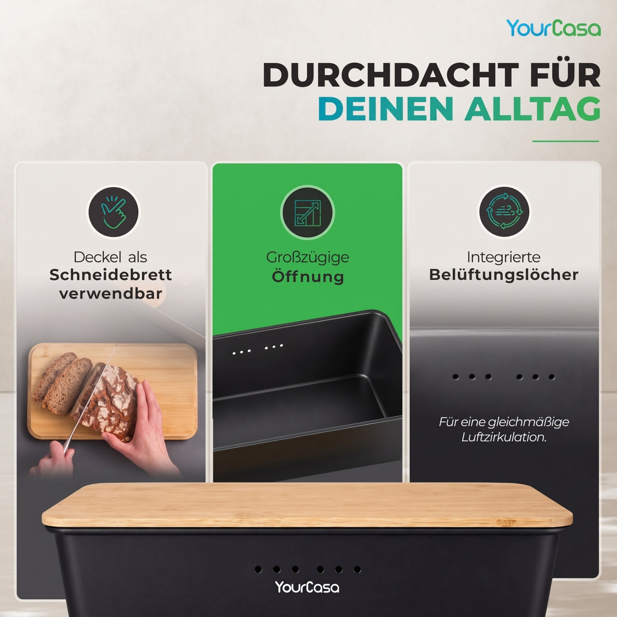 Bambusdeckel als Schneidebrett – Brot direkt auf der Brotkiste schneiden