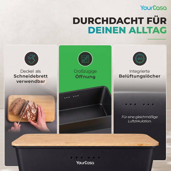 Bambusdeckel als Schneidebrett – Brot direkt auf der Brotkiste schneiden