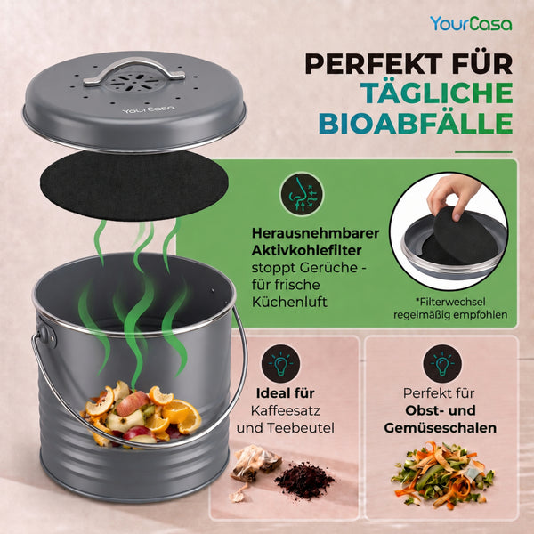 YourCasa Biomülleimer Kora – 4 Liter, Metall, mit Aktivkohlefilter