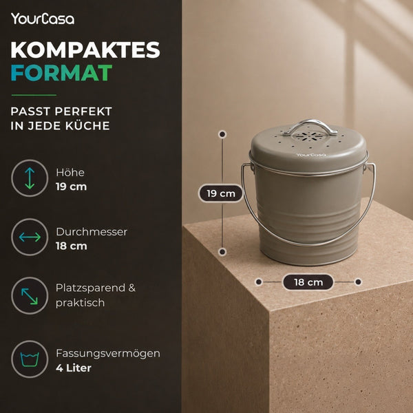 YourCasa Biomülleimer Kora – 4 Liter, Metall, mit Aktivkohlefilter