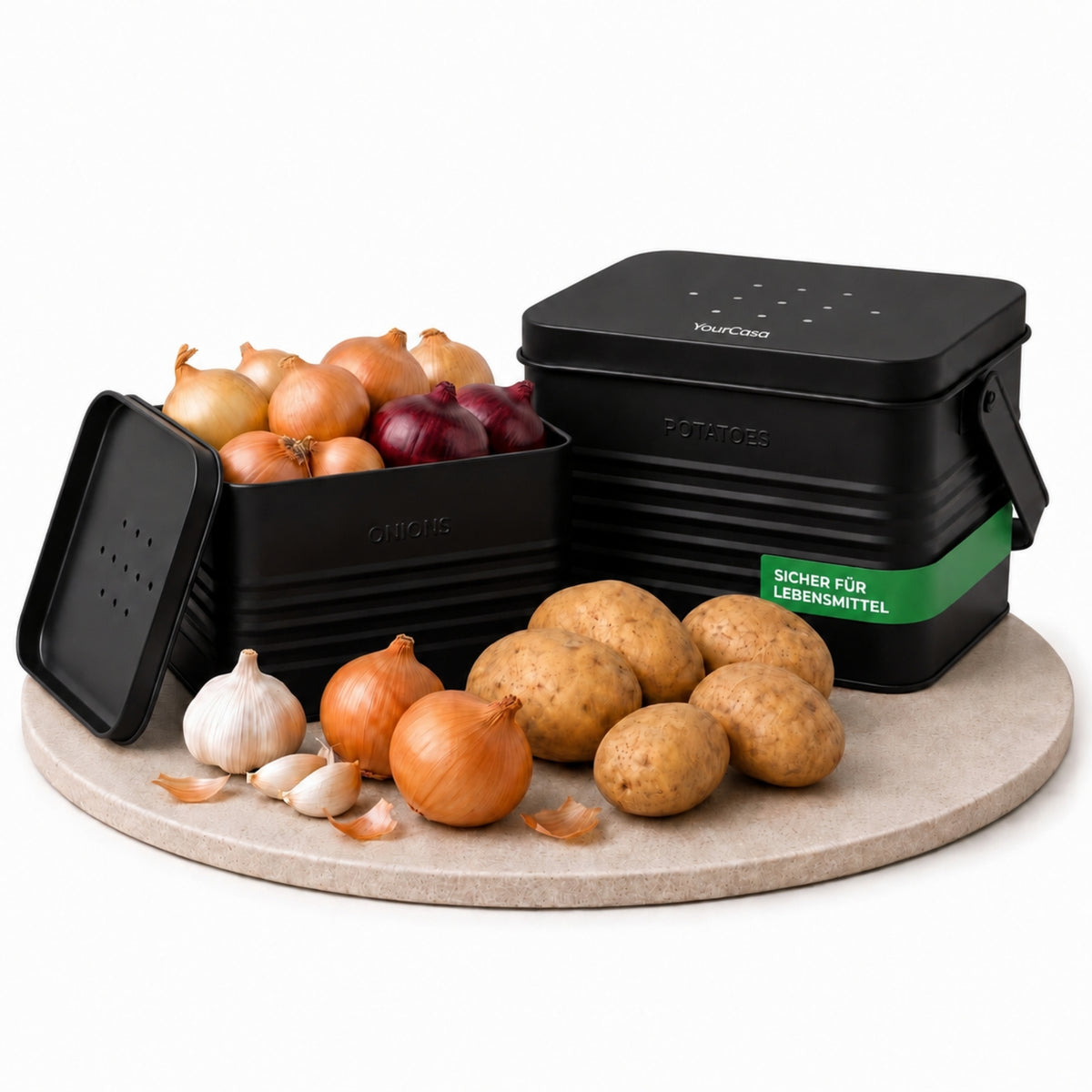 Storra Kartoffelbehälter und Zwiebelbox Schwarz mit Kartoffeln, Zwiebeln und Knoblauch
