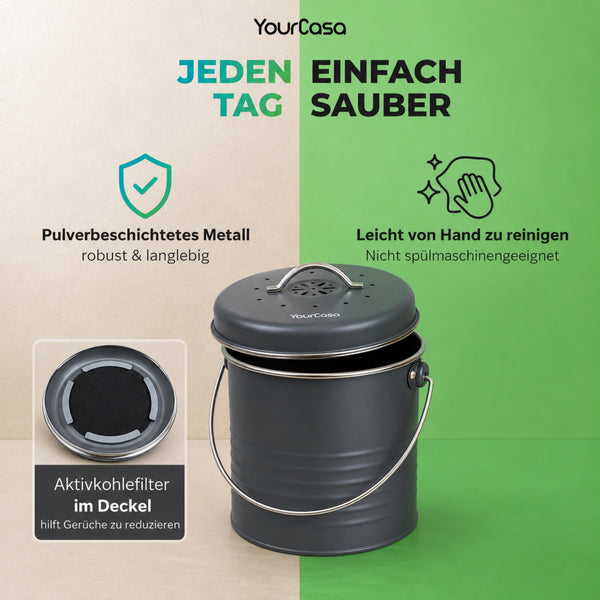 YourCasa Biomülleimer Kora – 4 Liter, Metall, mit Aktivkohlefilter