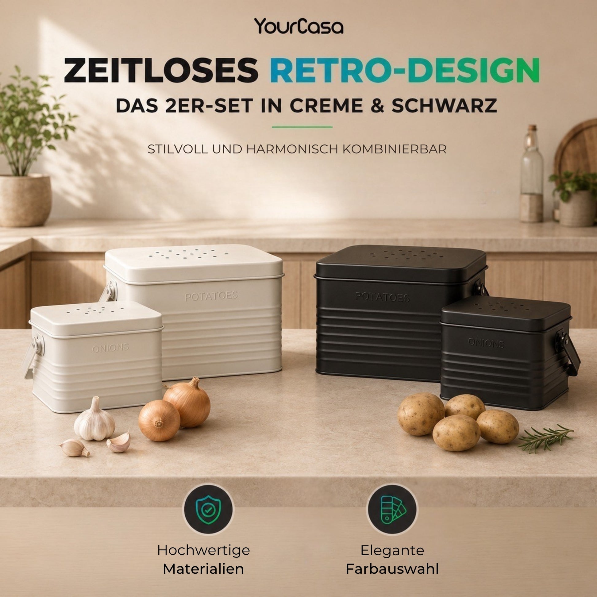 Storra Zwiebel Aufbewahrungsbox und Kartoffelbox im Vergleich – Creme und Schwarz