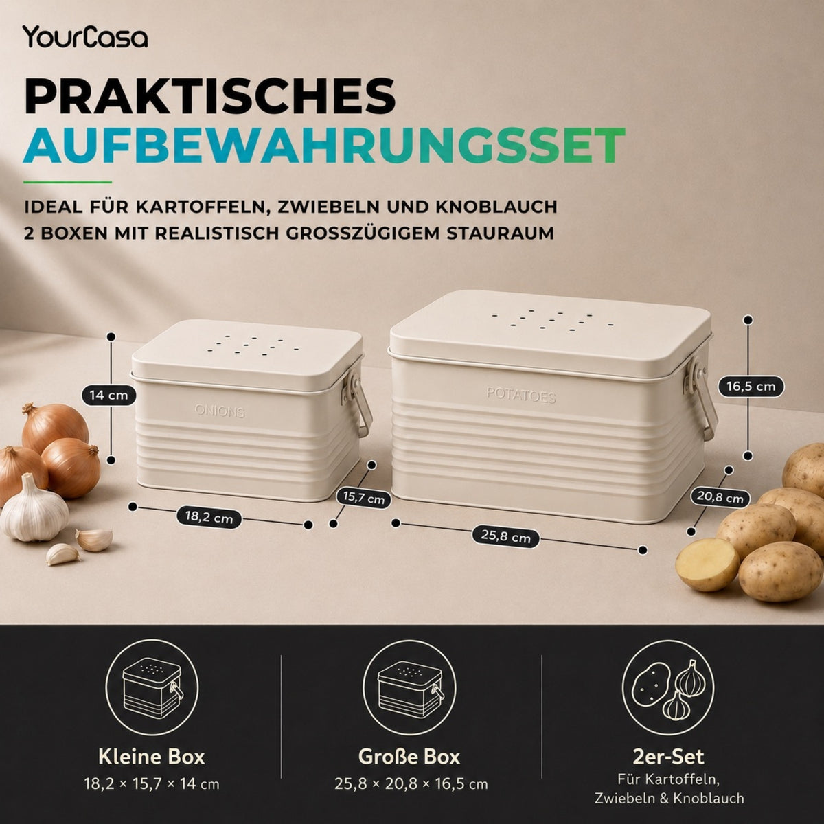 Maße der Storra Behälter für Kartoffeln und Zwiebeln – kleine und große Box