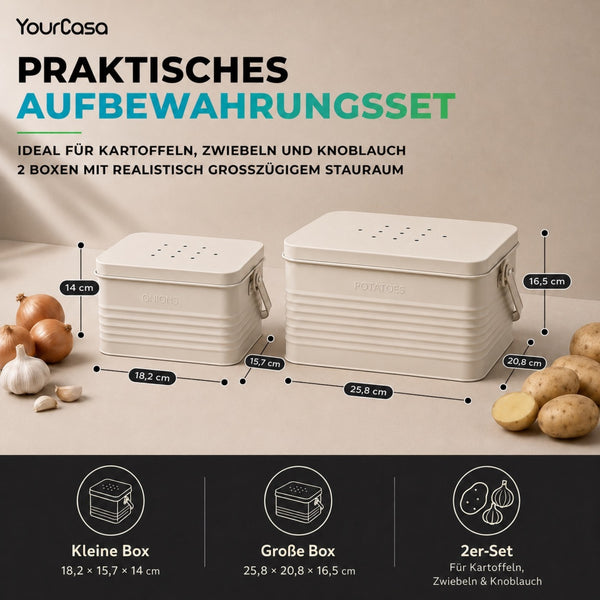 Maße der Storra Behälter für Kartoffeln und Zwiebeln – kleine und große Box