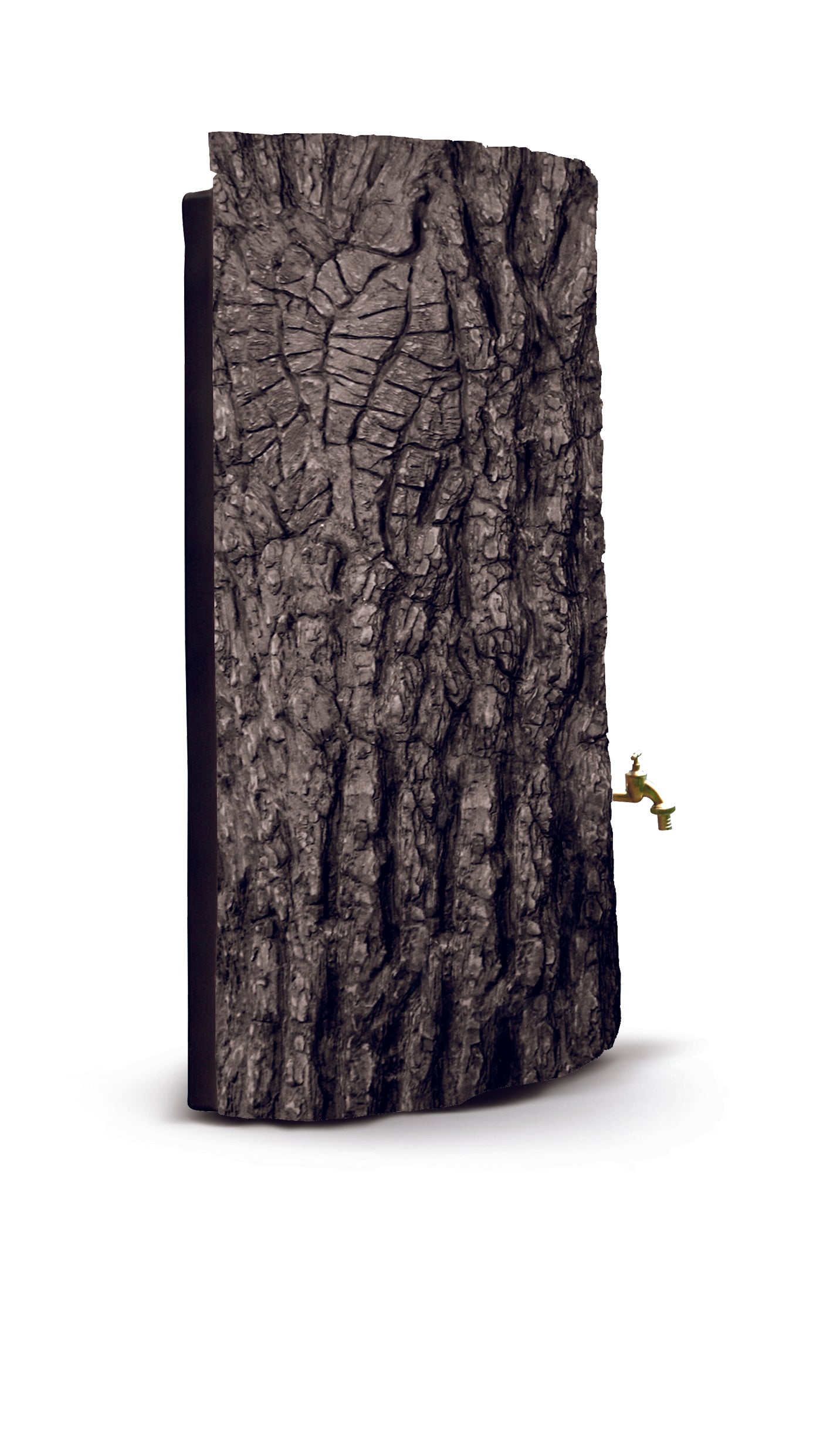 Eine Regentonne 300 Liter [ForestSave] - Frostsicher & UV-beständig mit einer strukturierten Eichenbaum-Optik-Abdeckung und einer kleinen goldfarbenen Schließe an der Seite von yourcasa-de.