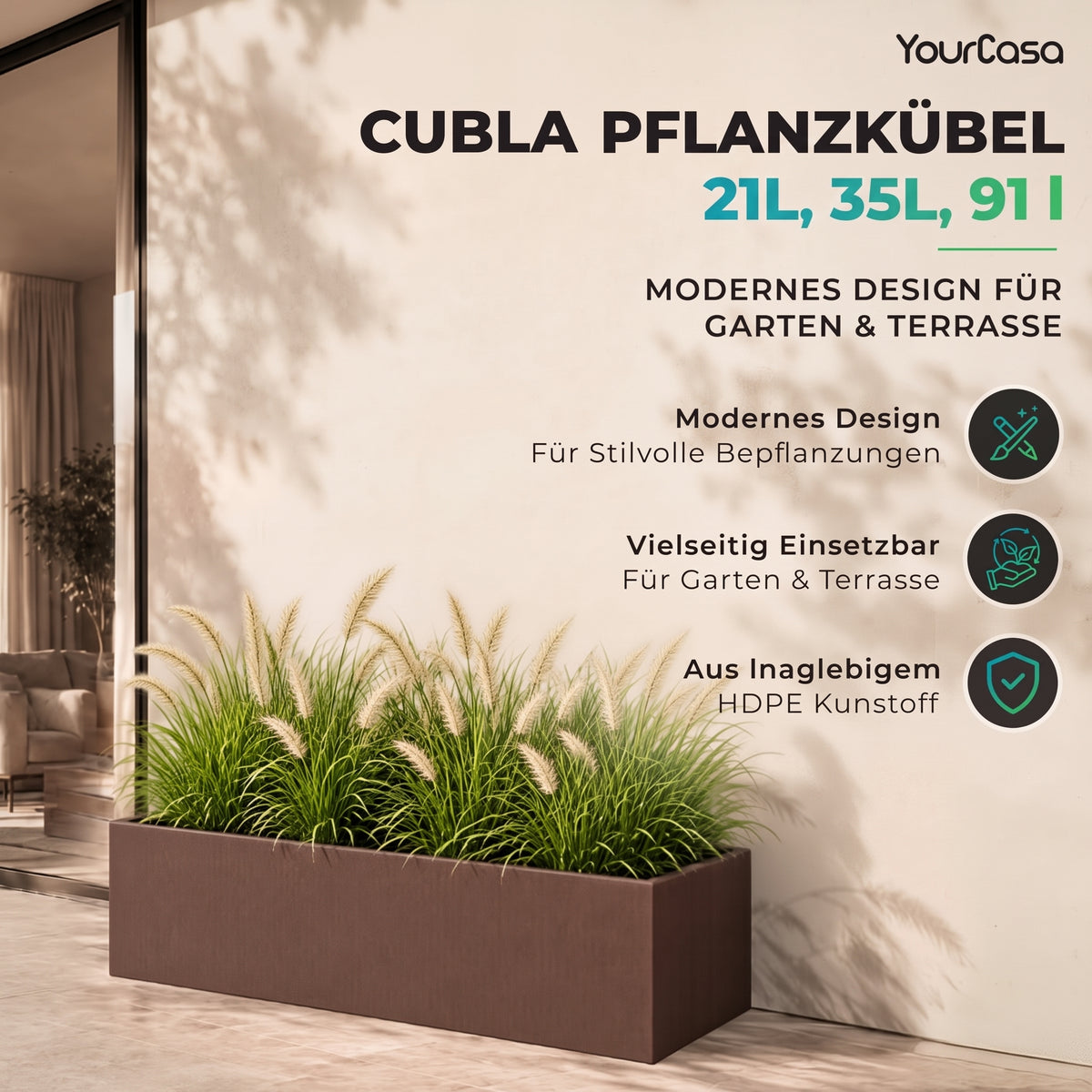 Cubla Pflanzkasten in Corten mit Lampenputzergras vor heller Wand – wetterfester Blumenkübel aus HDPE