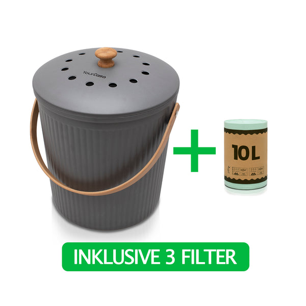 YourCasa® Biomülleimer mit Deckel und Griff plus 3 enthaltene Aktivkohlefilter.