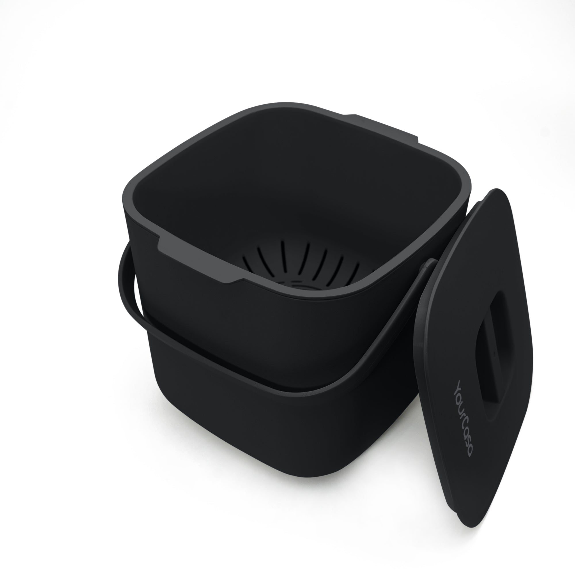Eine YourCasa® Biomülleimer Küche aus schwarzem Kunststoff mit Deckel.