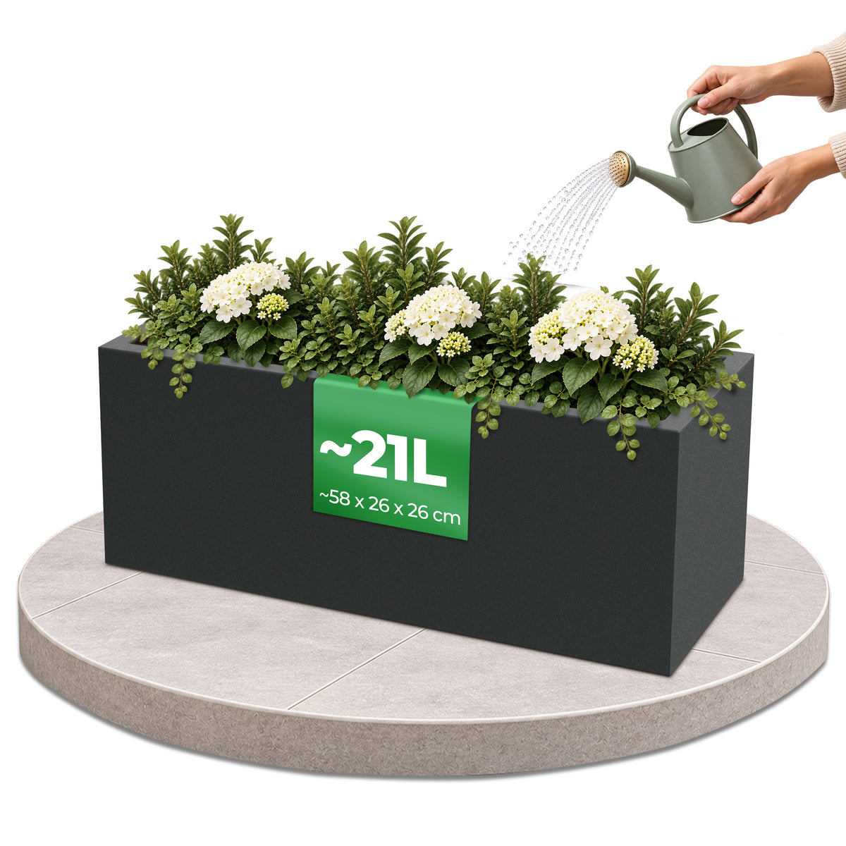 YourCasa Cubla Blumenkasten Anthrazit, 21 Liter, 58 × 26 × 26 cm, bepflanzt