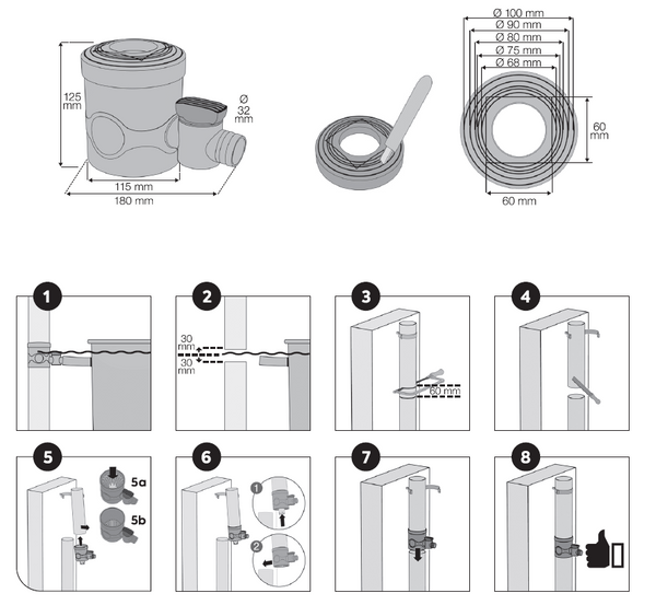 Technische Abbildung mit den Abmessungen eines Sanitärrohrs und dazugehöriger Armaturen für einen YourCasa® Regensammler [Downpipe50] mit Absperrhahn und Filter, mit einer Schritt-für-Schritt-Installationsanleitung von yourcasa-de.