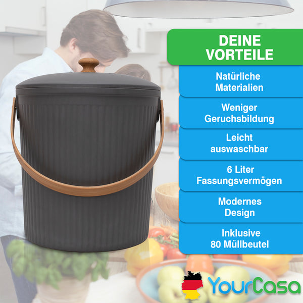 Ein moderner, grauer YourCasa® Komposteimer Küche mit einem Holzgriff, beworben mit verschiedenen Vorteilen, steht im Vordergrund einer Küchenumgebung.