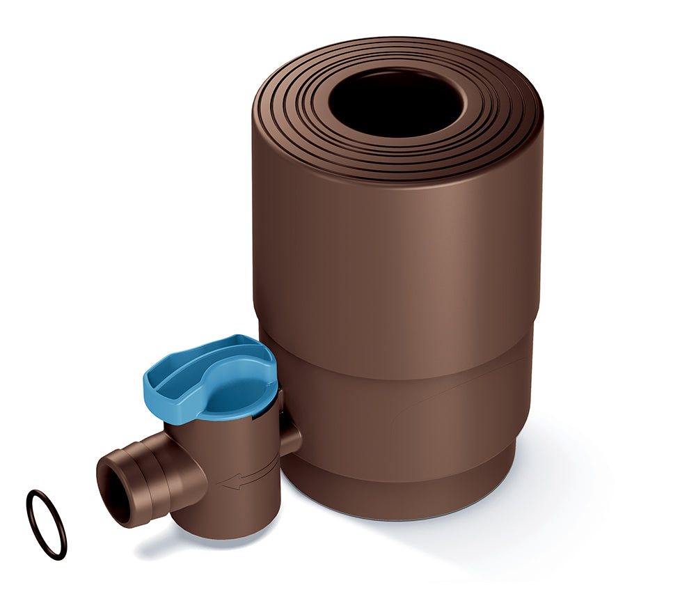 Der yourcasa-de YourCasa® Regensammler [Downpipe50] verfügt über ein braunes zylindrisches Ventil mit blauem Griff und schwarzem O-Ring - der perfekte Absperrhahn für Regentonne oder Wassersammler. Abgebildet auf weißem Hintergrund.