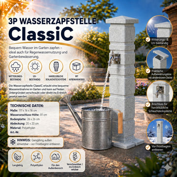YourCasa Classic Wassersäule Garten Granit-Optik – 111 cm Römische Wasserzapfsäule mit 3/4-Hahn & Aufbewahrungsbox