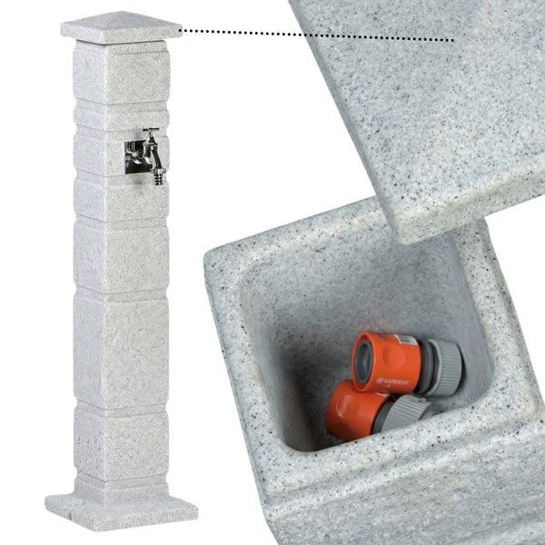 Classic Wassersäule Garten Granit-Optik – 111 cm Römische Wasserzapfsäule mit 3/4-Hahn & Aufbewahrungsbox