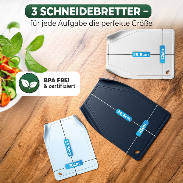 3x Schneidebrett Kunststoff Set - BPA frei -Trichterform & Saftrille - Küchenbrett Rutschfest & Spülmaschinenfest - Cutting Board - Schneidematte Küche Brettchen