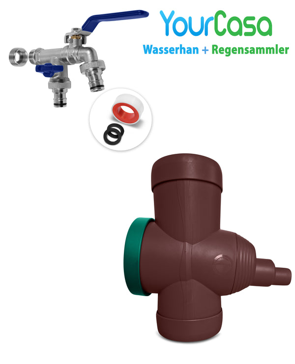 Outdoor-Wasserhahn mit angebauter Umstellung, Überlaufschutz und Zusatzkomponenten zur Wassersammlung und Schlauchbefestigung von yourcasa-de.