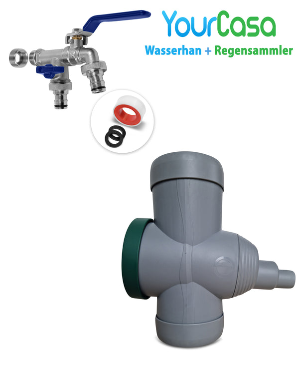 YourCasa® Regensammler [Downpipe70] + Wasserhahn Messing und Anschlussarmatur mit Dichtungsringen und Überlaufschutz auf weißem Hintergrund mit yourcasa-de Markenlogo dargestellt.