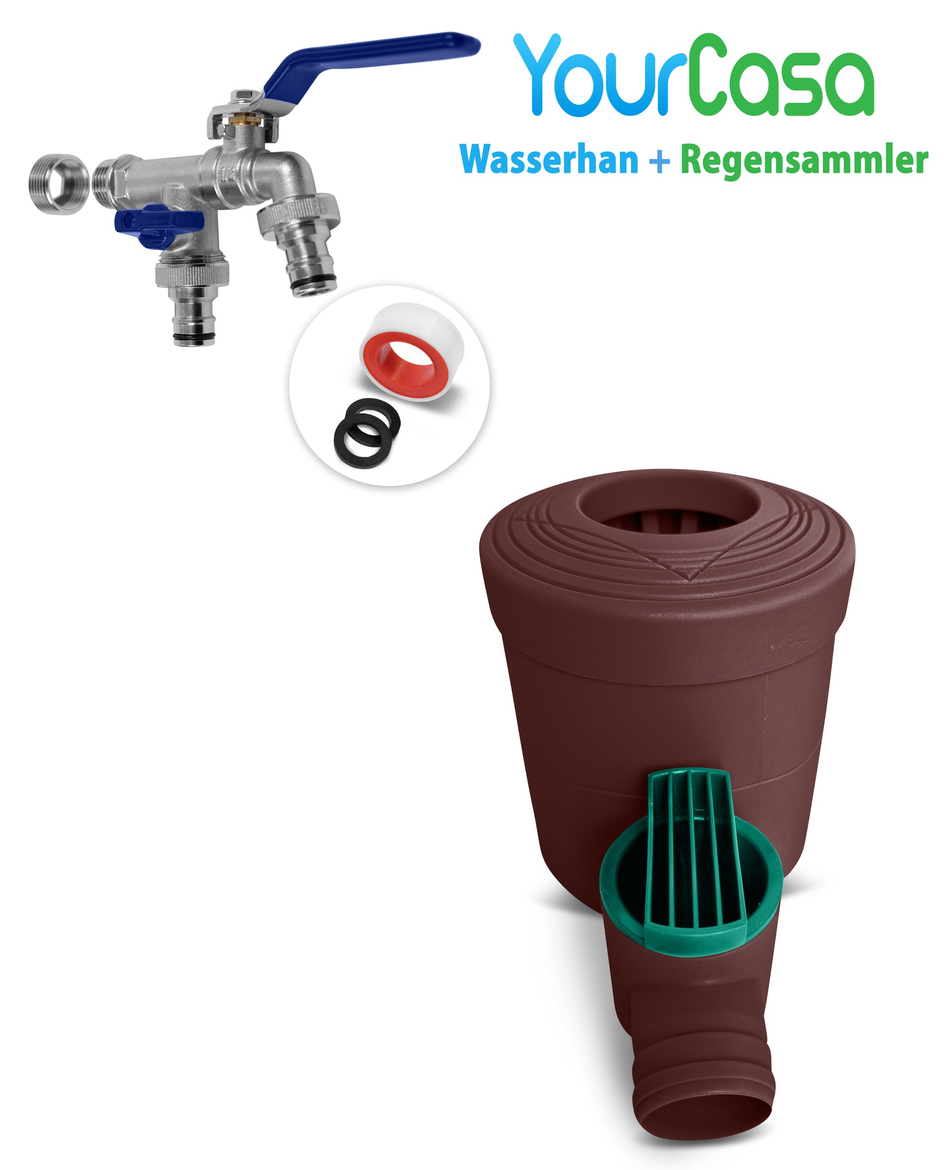 YourCasa® Regenwassersammelsystem mit Absperrhahn und Vorratsbehälter.