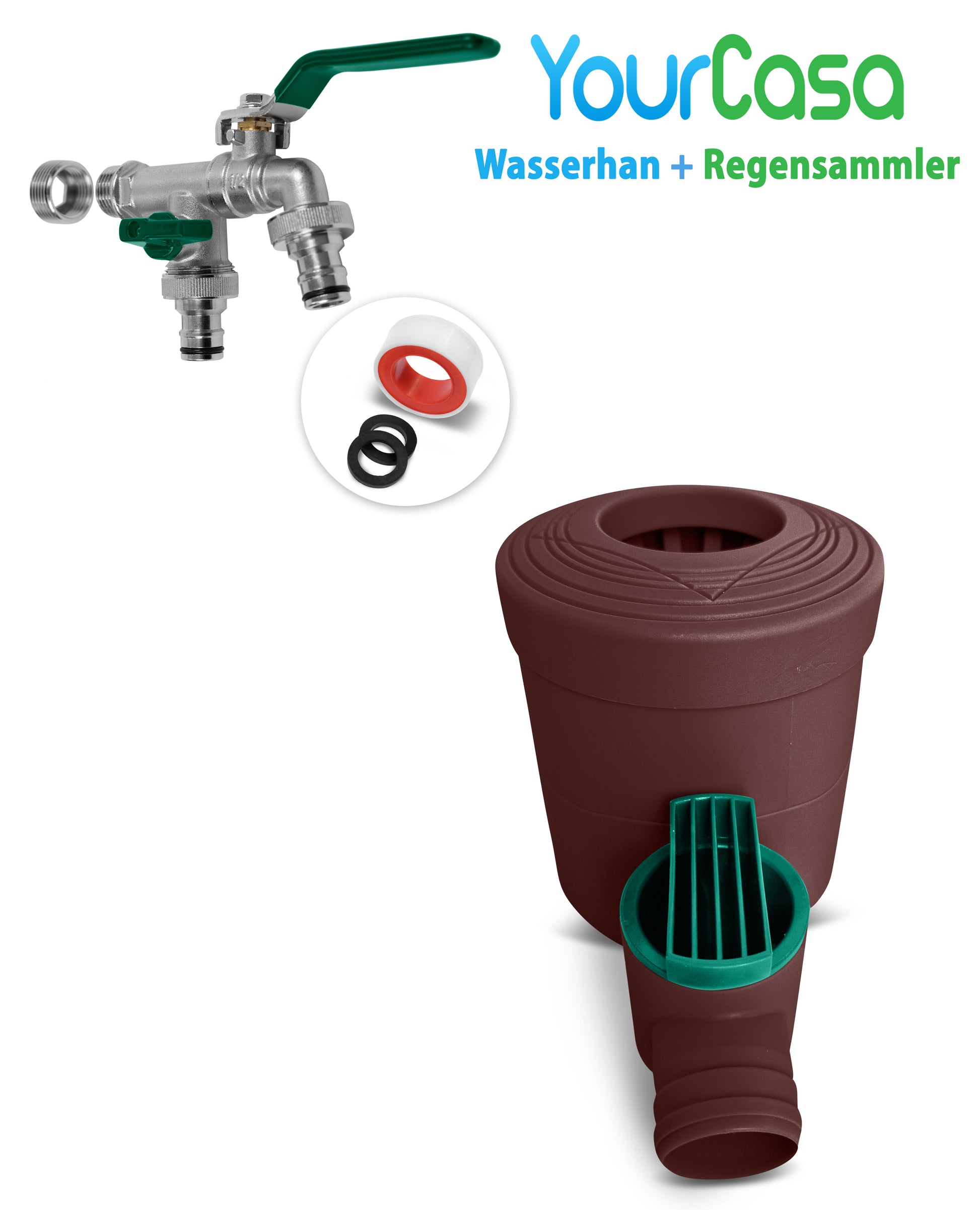 YourCasa® Regensammler [Downpipe50] + Wasserhahn Wassersparende Regentonne aus Messing mit Umsteller und Absperrhahn-Set für den Hausgarten-Einsatz von yourcasa-de.