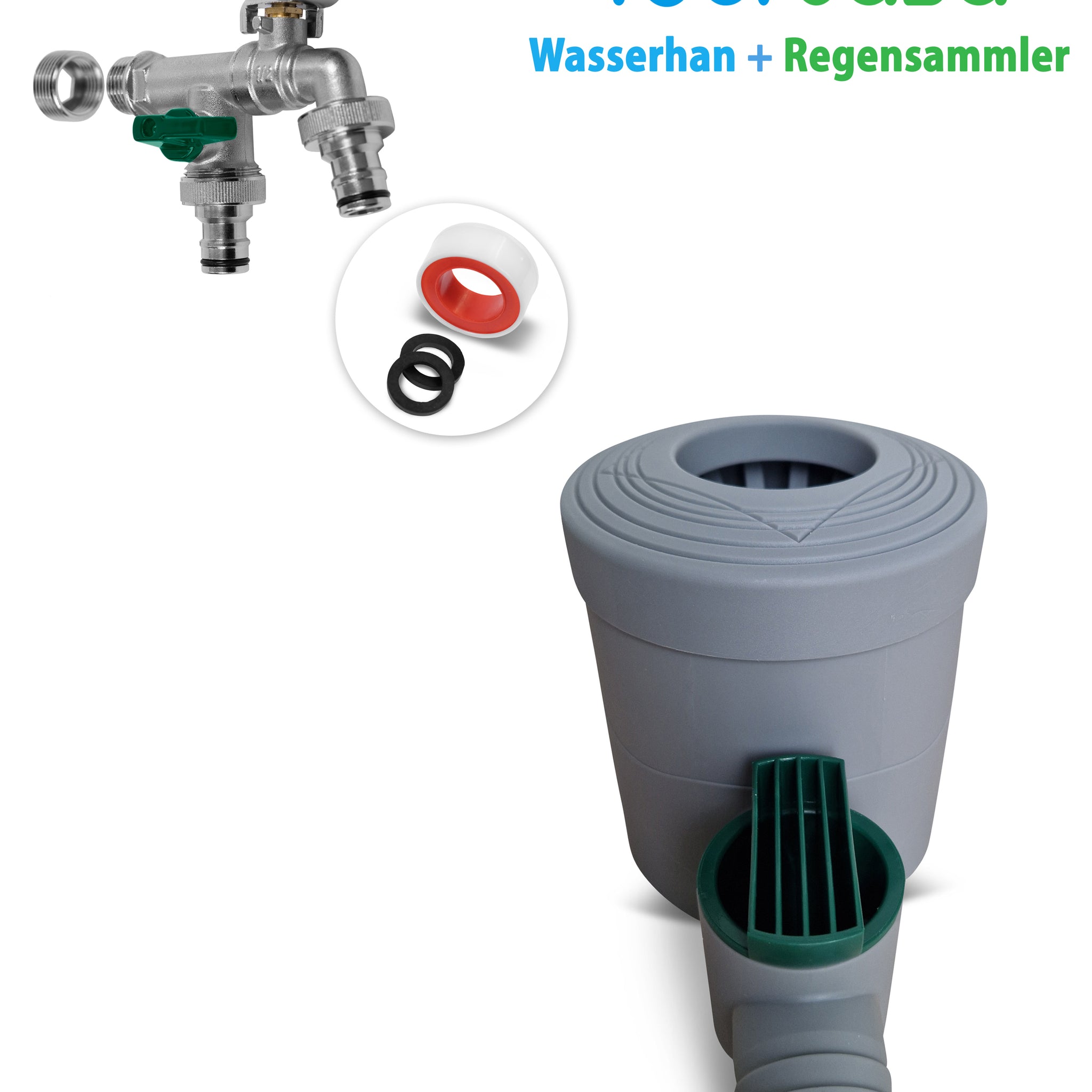 YourCasa® Regenwassersammelsystem mit Absperrhahn und Speichertank.