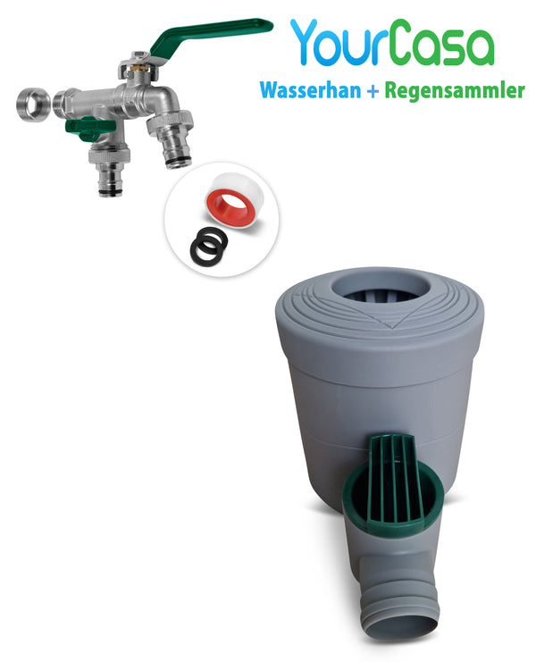 YourCasa® Regenwassersammelsystem mit Absperrhahn und Speichertank.