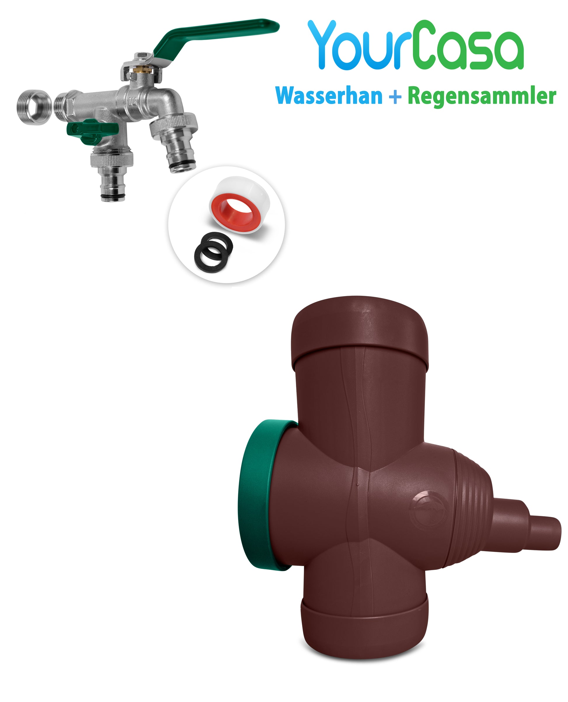 Werbebild für yourcasa-de YourCasa® Regensammler [Downpipe70] + Wasserhahn Messing mit zusätzlichem Zubehör inklusive, mit integriertem Überlaufschutz.