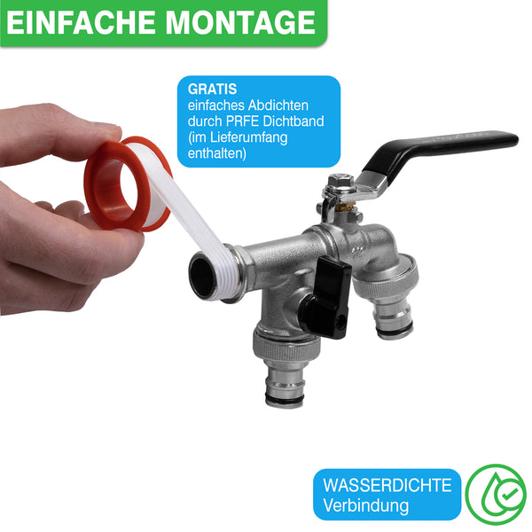 Hand hält einen YourCasa® Regensammler [Downpipe70] in der Nähe eines Doppelauslaufhahns mit Absperrhahn und Installationsmerkmalen, die auf Deutsch hervorgehoben sind und die einfache Installation und eine wasserdichte Verbindung durch yourcasa-de hervorheben.