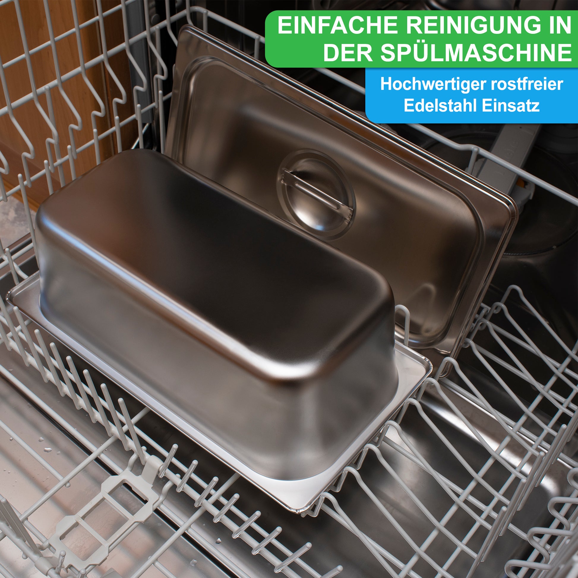 Ein Bild eines YourCasa® Komposteimers – Echtholz – Edelstahl – für alltäglichen Biomüll in der Küche mit einem Tablett darin, spülmaschinentauglich.