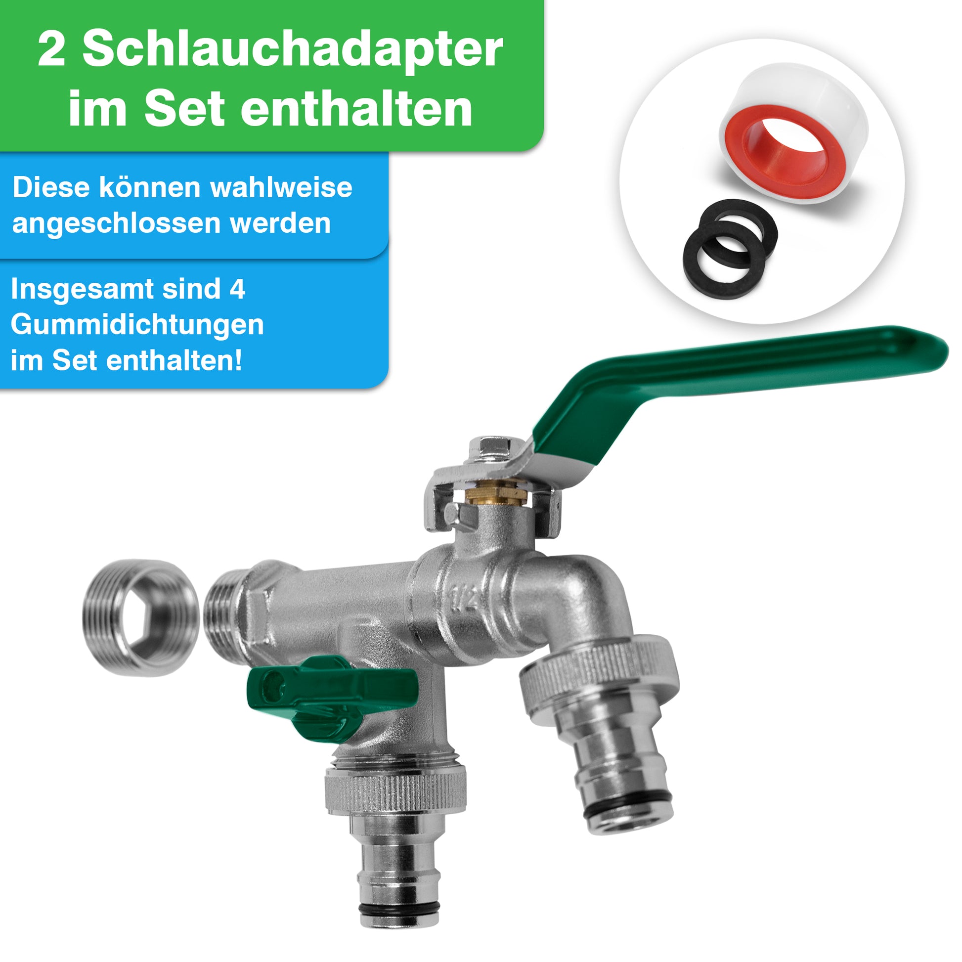 Outdoor-Wasserhahn mit zwei Schlauchadaptern, vier Gummidichtungen im Lieferumfang enthalten und einer YourCasa® Regensammler [Downpipe50] + Wasserhahn Messing-Funktion von yourcasa-de.