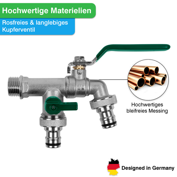 Ein YourCasa® Regensammler [Downpipe50] + Wasserhahn Messing mit grünem Hebel, mit deutsch beschrifteten Komponenten, beworben als von yourcasa-de entworfen und für Regensammler-Systeme geeignet.