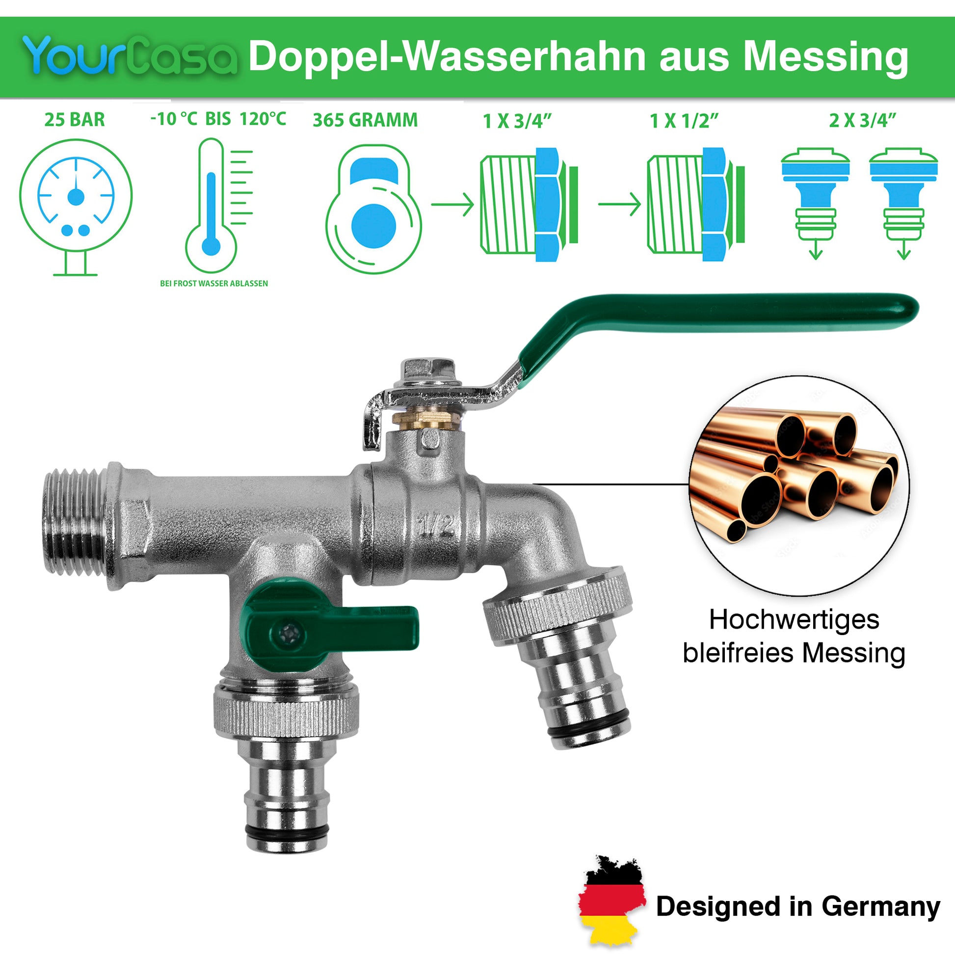 YourCasa® Regensammler [Downpipe50] + Wasserhahn Messing mit grünem Hebel, hervorgehobenen Funktionen, Absperrhahn und „designed in Germany“-Label von yourcasa-de.