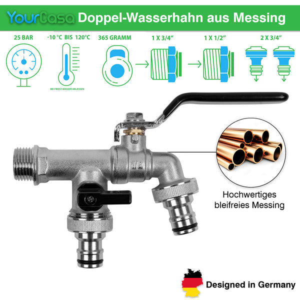 Doppelter Wasserauslauf mit YourCasa® Regensammler [Downpipe70] + Wasserhahn Messing aus Messing mit detaillierten Spezifikationen und deutschem Design-Label von yourcasa-de.