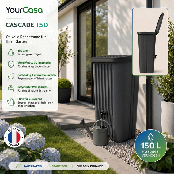YourCasa Cascade – Regentonne 150 Liter Anthrazit mit integriertem Wasserhahn