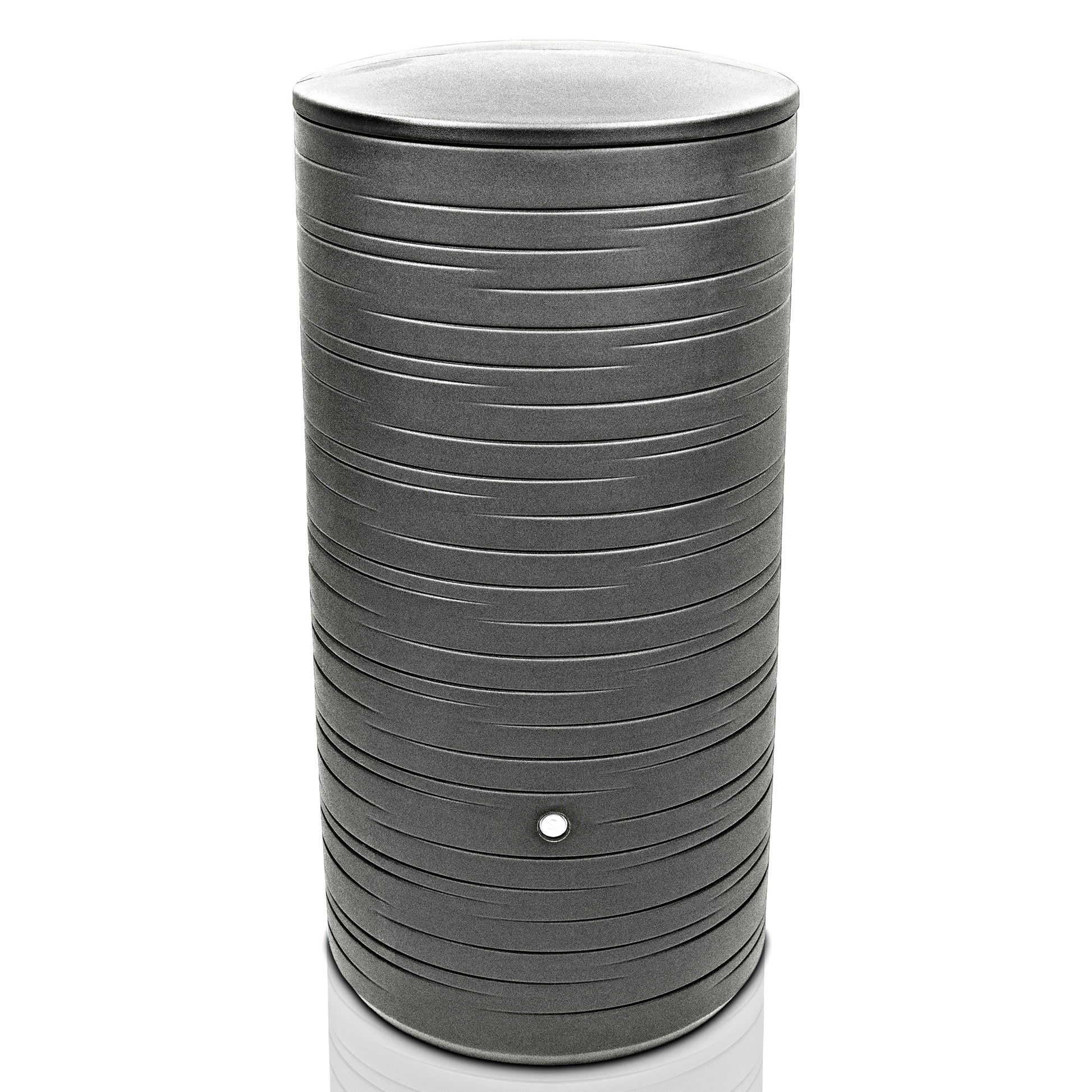 Ein schwarzer YourCasa Regentonne 280 Liter [PureRain] mit Metallgewinde und Deckel-Zylinder mit einem weißen Regentonne-Deckel darauf.