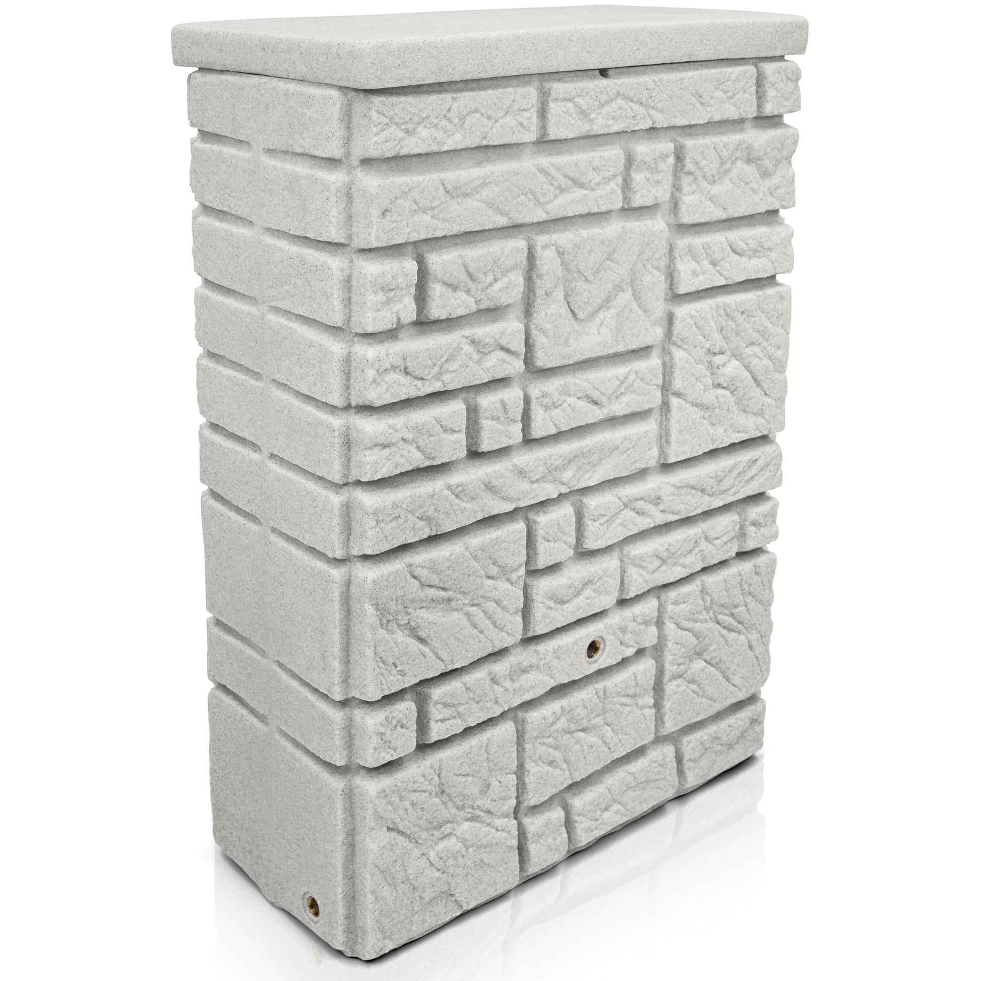 Ein weißer gemauerter Kamin mit einer Tür in YourCasa Regentonne 300 Liter [StoneRain] mit Metallgewinde und Deckel in Steinoptik – Regenfass Frostsicher aus Kunststoff.