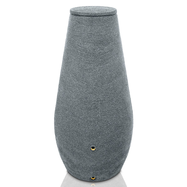 Mit strukturiertem grauem Stoff überzogener Smart Speaker mit YourCasa Regentonne 200 Liter [EcoDrop] – Nachhaltige Gartenbewässerung auf weißem Hintergrund.