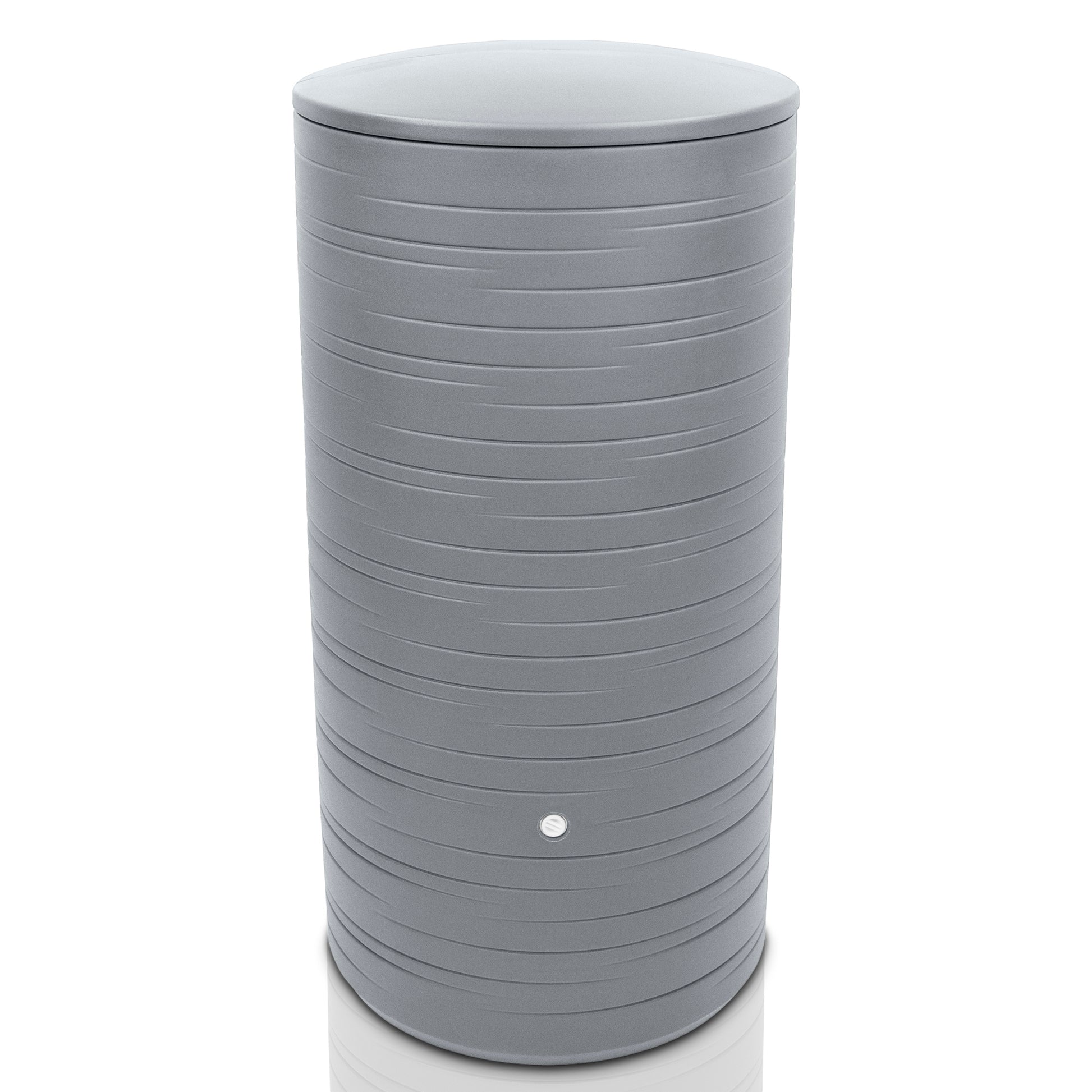 Eine moderne, graue, zylindrische YourCasa Regentonne 280 Liter [PureRain] mit geriffeltem Design auf weißem Hintergrund.
