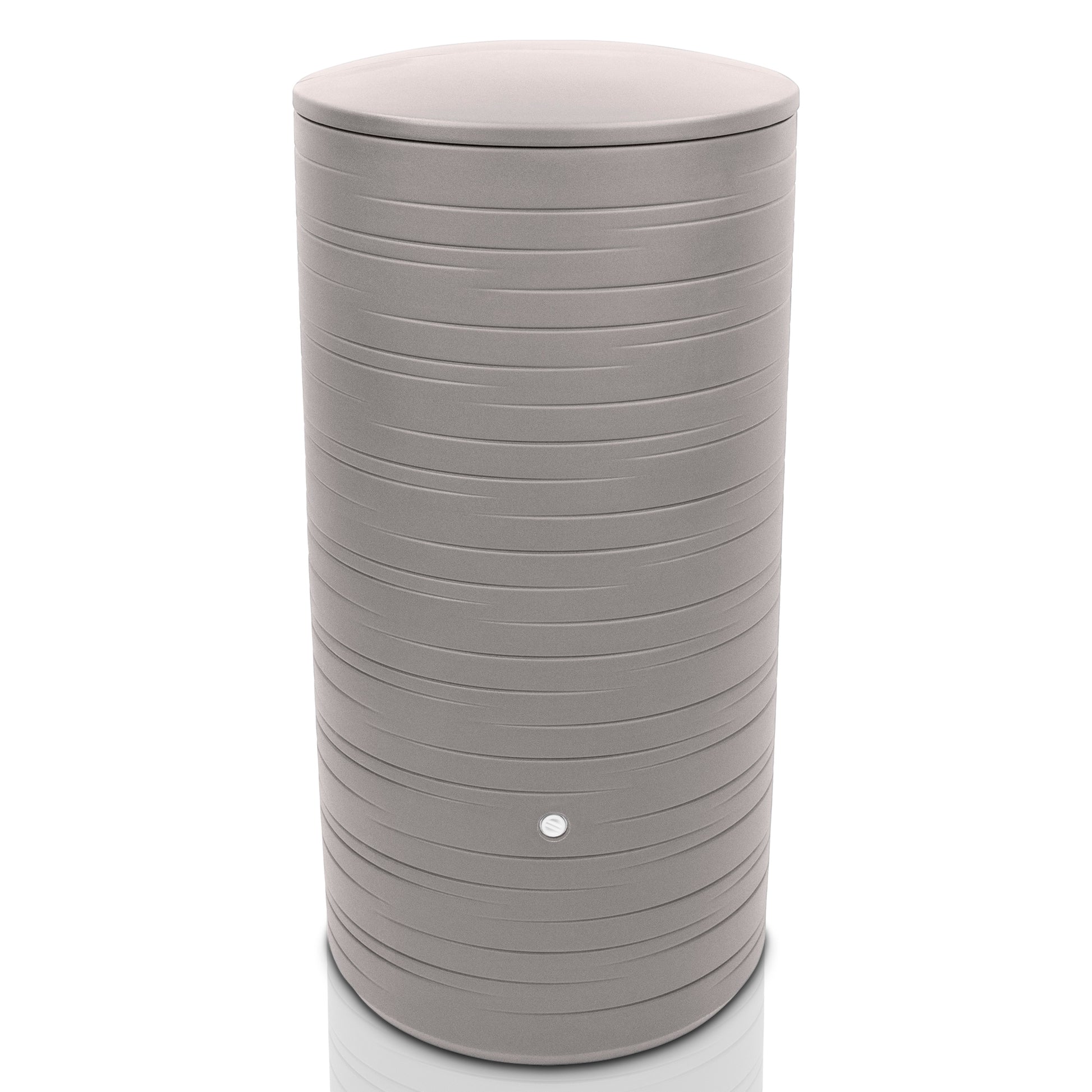 Moderne zylindrische YourCasa Regentonne 280 Liter [PureRain] mit strukturiertem Boden und glatter Oberseite auf weißem Hintergrund.