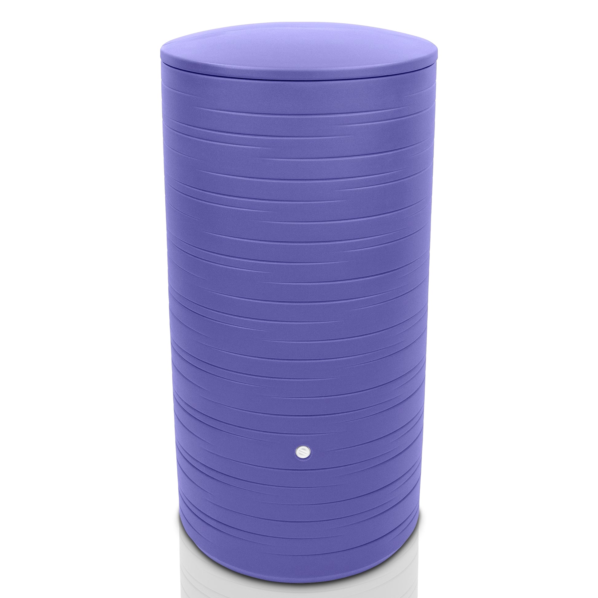 Eine violette, zylindrische, geriffelte YourCasa Regentonne auf weißem Hintergrund.